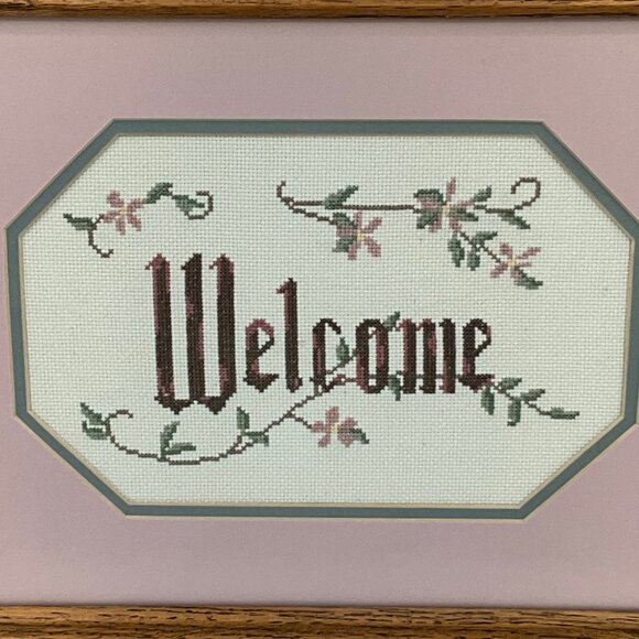 Handmade Welcome Cross-Stitch Framed In Oak Wood With Pink Matte Accent - Picture 2 of 7